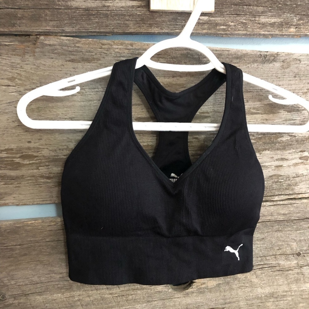 PUMA Size Med Black Ribbed Padded Sports Bra